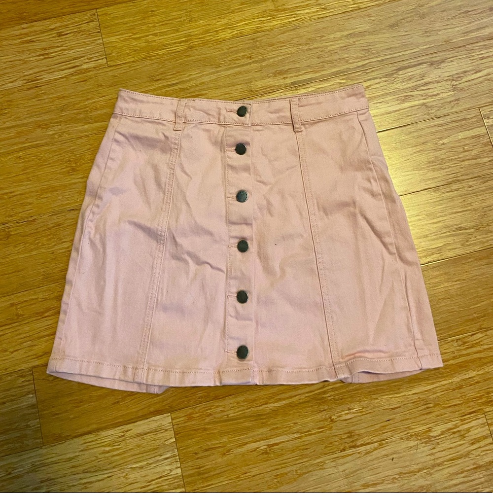 pink faux denim skirt